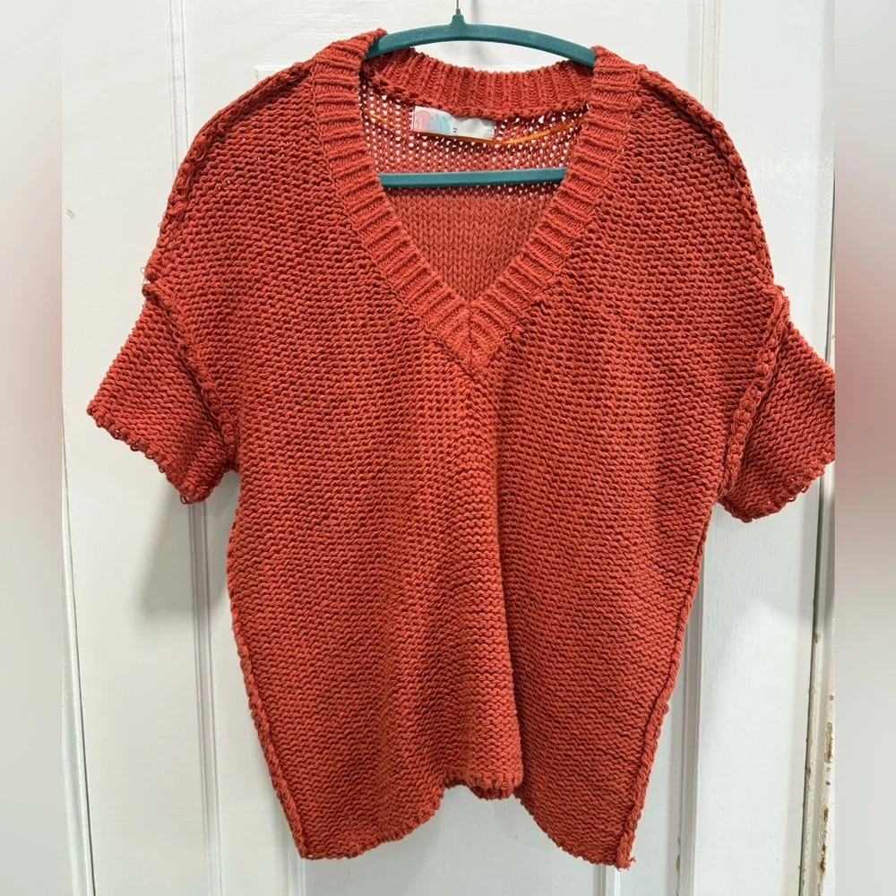 Free People Beach Terracotta Knit V-Neck Sweater Top XS - Picture 3 of 10